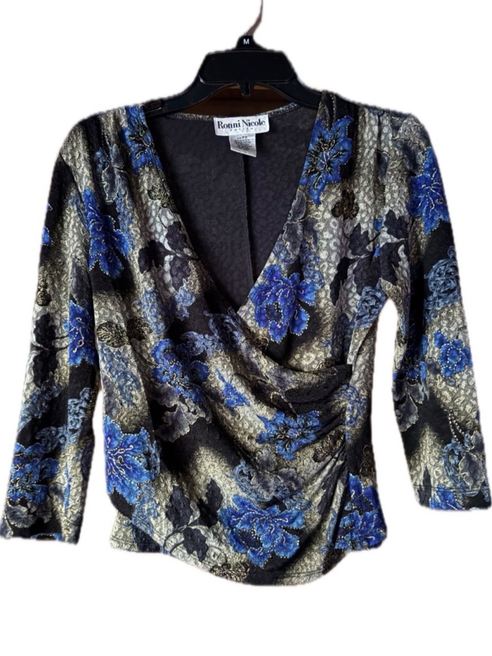 Vintage 90s Whimsigoth Black & blue lace floral Ronnie Nicole faux wrap top